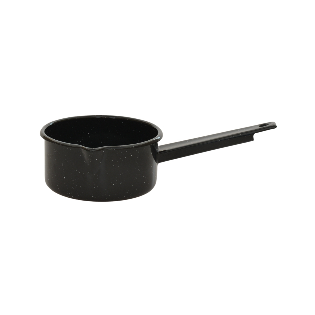 Soucepan with spout and long handle-enamelled rim